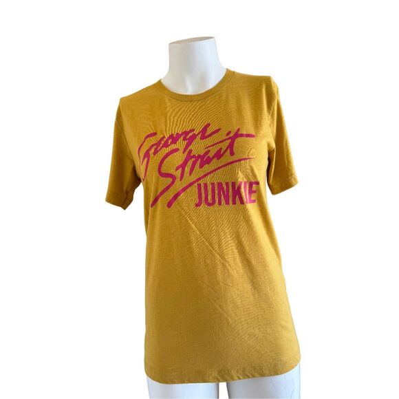 Bella + Canvas George Strait junkie womens  t-shirt  mustard yellow hot neon pin - Picture 1 of 5